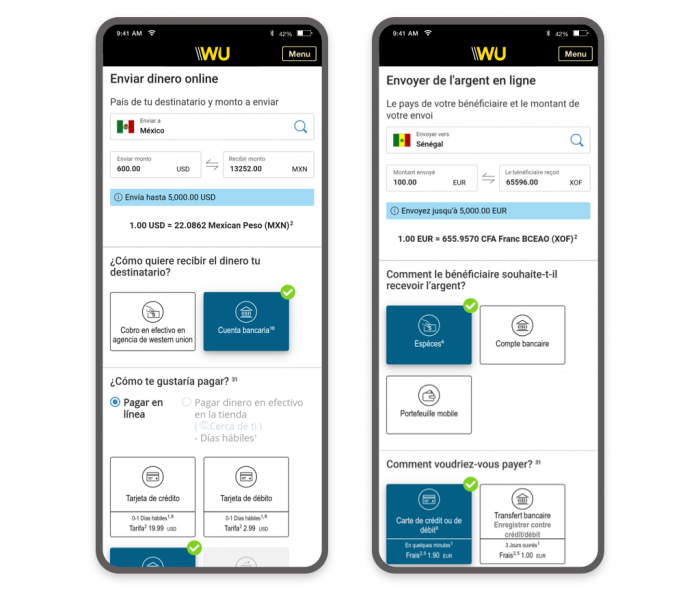 Send money page in French and Spanish